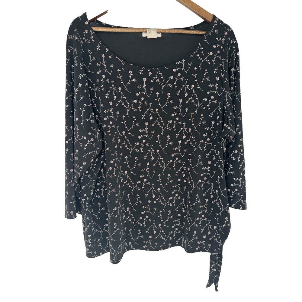 NOTATIONS 3X Stretch Polyester Blouse 3/4 Black Floral side tie whimsigoth Fairy